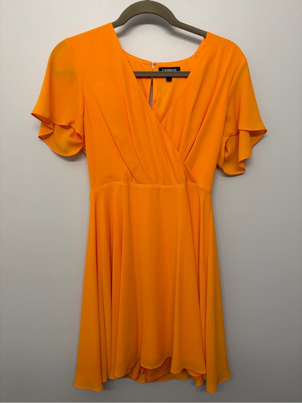 Express Bright Orange Flutter-Sleeve Mini Wrap Dress
